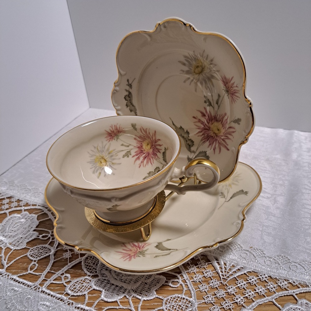 Hutschenreuther Selb Bavaria Tea Trio Set Ivory Pink Floral Gold Gilt Excellent